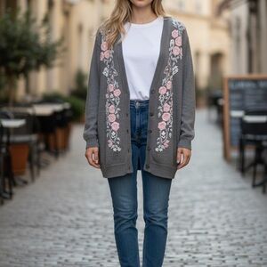 Vintage Alfred Dunner Floral Embroidered Gray Cardigan Sweater Large